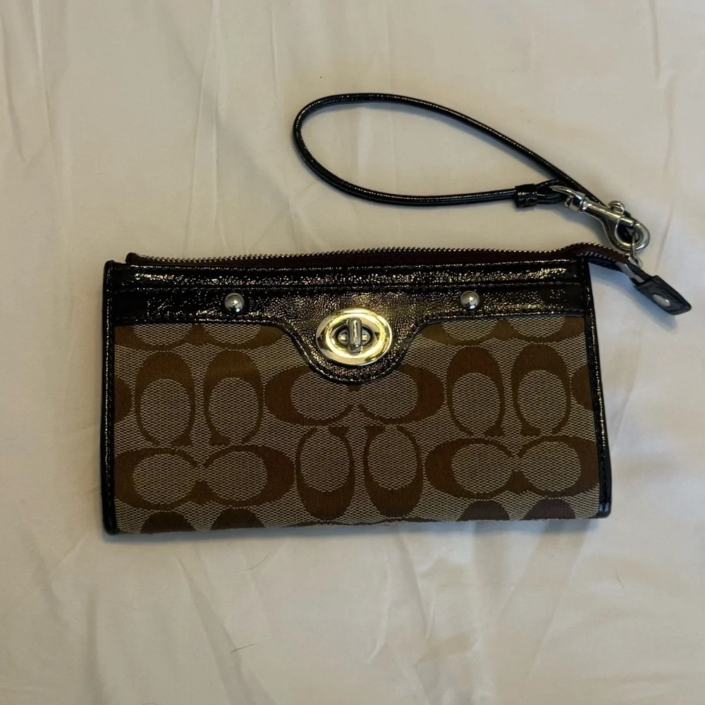 Coach | Brown Signature Canvas Wristlet with Dark Trim
